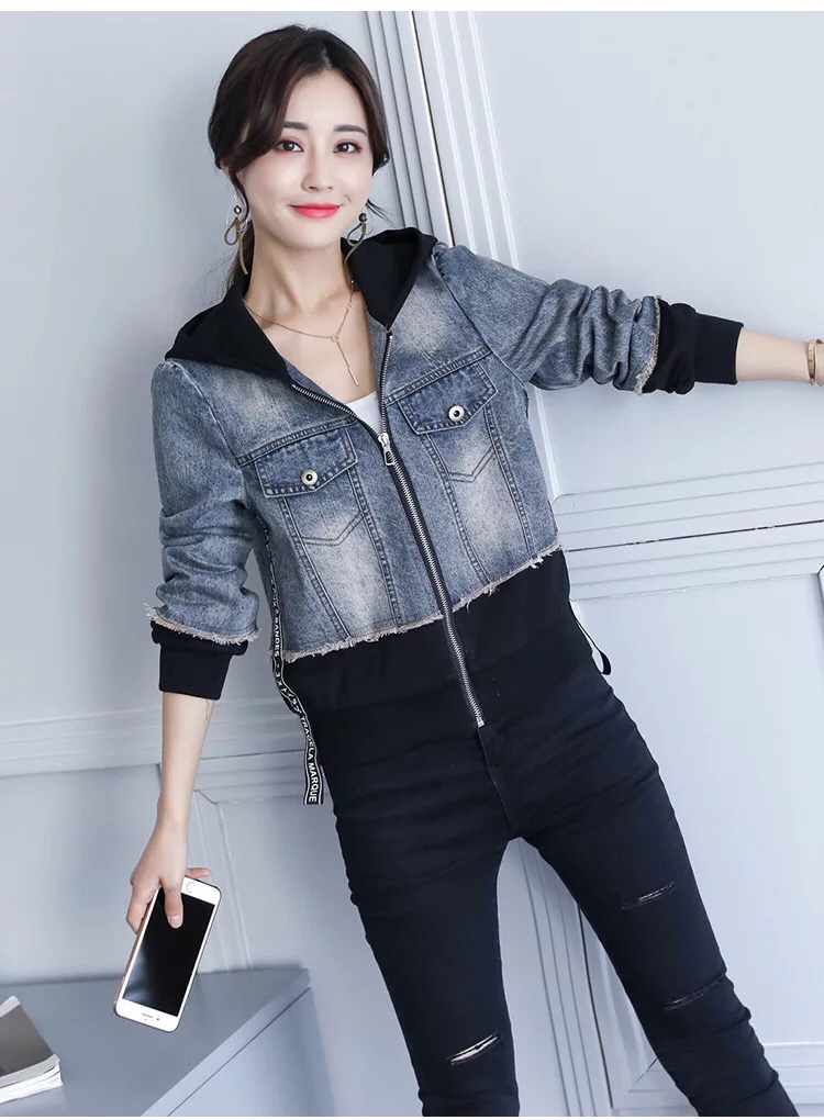 ÁO KHOÁC JEAN PHỐI THUN ĐEN CÓ NÓN CHE NẮNG